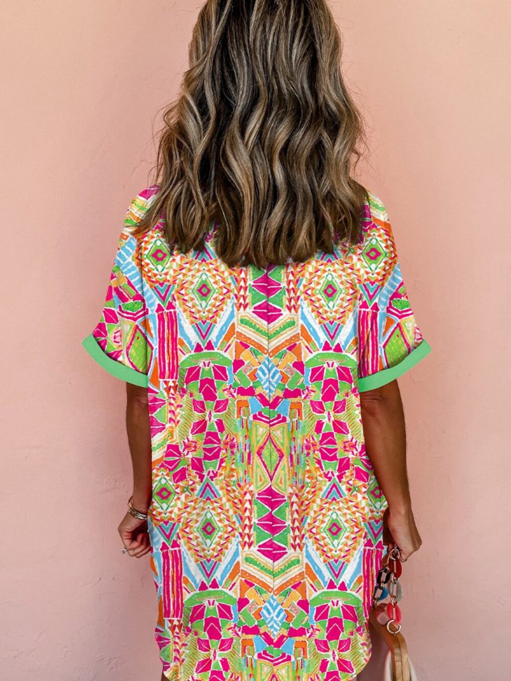 NWOT Multi-color Geometric Print Contrast Short Sleeve Shirt Dress - Picture 2 of 7